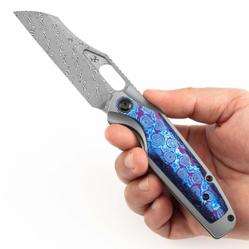 Tuckamore Thumb Hole Knife Titanium and Timascus Handle (3.54" Damascus Blade) with Timascus Clip -K1052A7 Plain Purple | Folding Pocket Knives