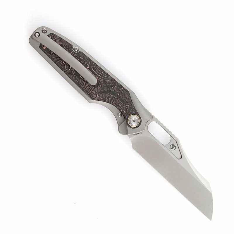 Tuckamore Thumb Hole Knife Titanium +Copper Carbon Fiber Handle (3.54" CPM 20CV Blade) -K1052A2 Brown | Folding Pocket Knives