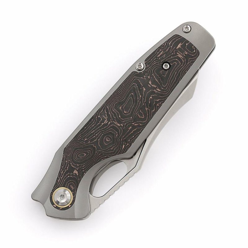 Tuckamore Thumb Hole Knife Titanium +Copper Carbon Fiber Handle (3.54" CPM 20CV Blade) -K1052A2 Brown | Folding Pocket Knives