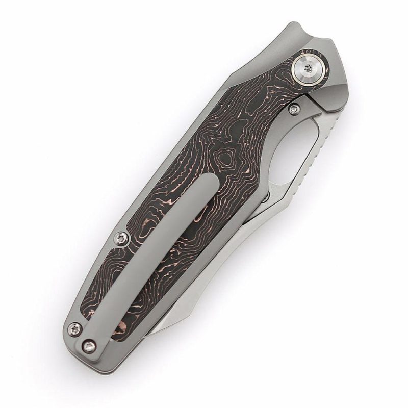 Tuckamore Thumb Hole Knife Titanium +Copper Carbon Fiber Handle (3.54" CPM 20CV Blade) -K1052A2 Brown | Folding Pocket Knives