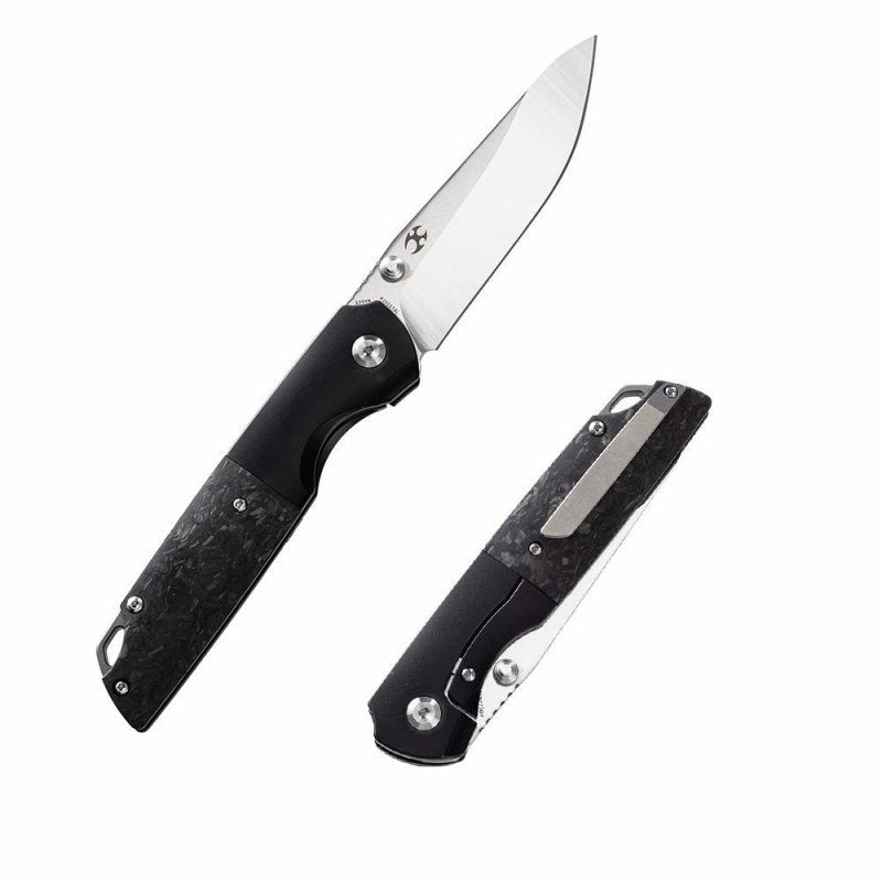 Warrior –Left Handed Flipper Knife 6AL4V Titanium +Carbon Fiber Handle (3.46” CPM-S35VN Tanto Blade) Kim Ning Design -K1005T6L Black | Folding Pocket Knives