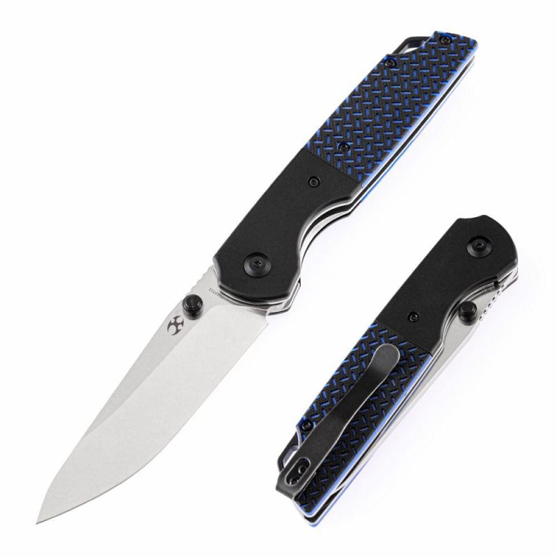 Warrior T1005S1 Stonewashed Drop Point D2 Blade Black Anodized Aluminum Bolster + Black and Blue G10 Handle with Kim Ning Design | Folding Pocket Knives