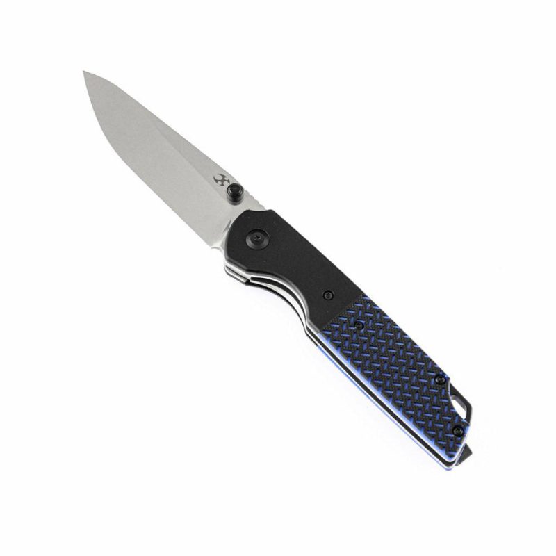 Warrior T1005S1 Stonewashed Drop Point D2 Blade Black Anodized Aluminum Bolster + Black and Blue G10 Handle with Kim Ning Design | Folding Pocket Knives