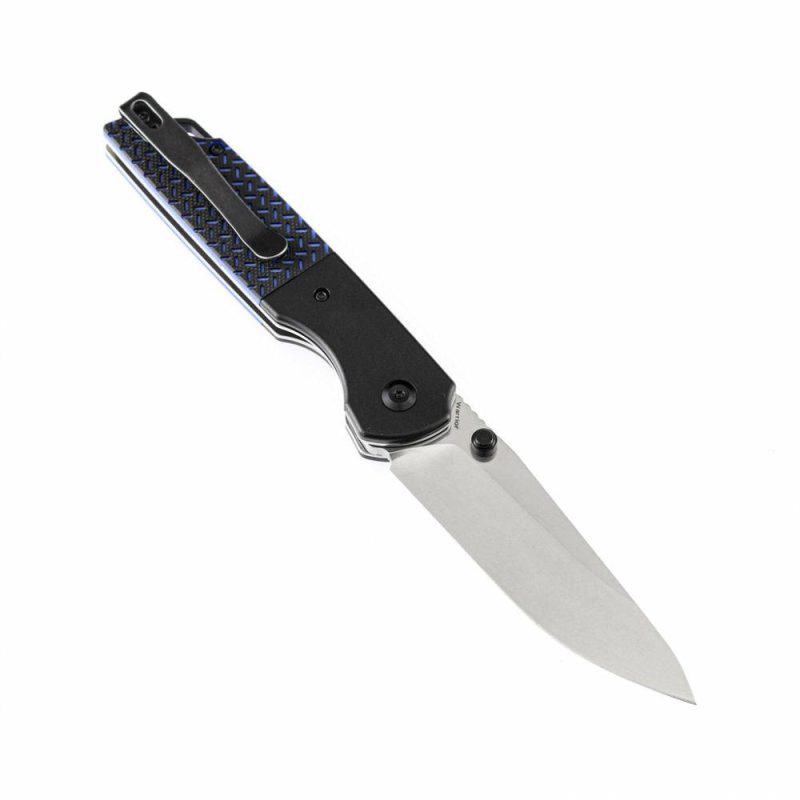 Warrior T1005S1 Stonewashed Drop Point D2 Blade Black Anodized Aluminum Bolster + Black and Blue G10 Handle with Kim Ning Design | Folding Pocket Knives