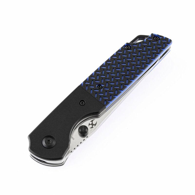 Warrior T1005S1 Stonewashed Drop Point D2 Blade Black Anodized Aluminum Bolster + Black and Blue G10 Handle with Kim Ning Design | Folding Pocket Knives