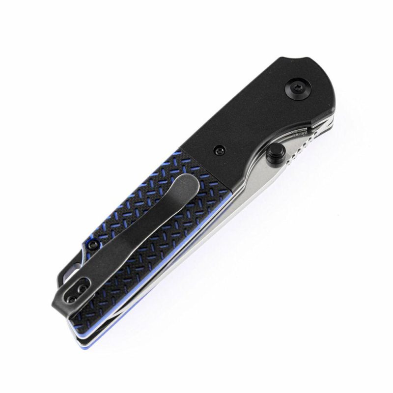 Warrior T1005S1 Stonewashed Drop Point D2 Blade Black Anodized Aluminum Bolster + Black and Blue G10 Handle with Kim Ning Design | Folding Pocket Knives