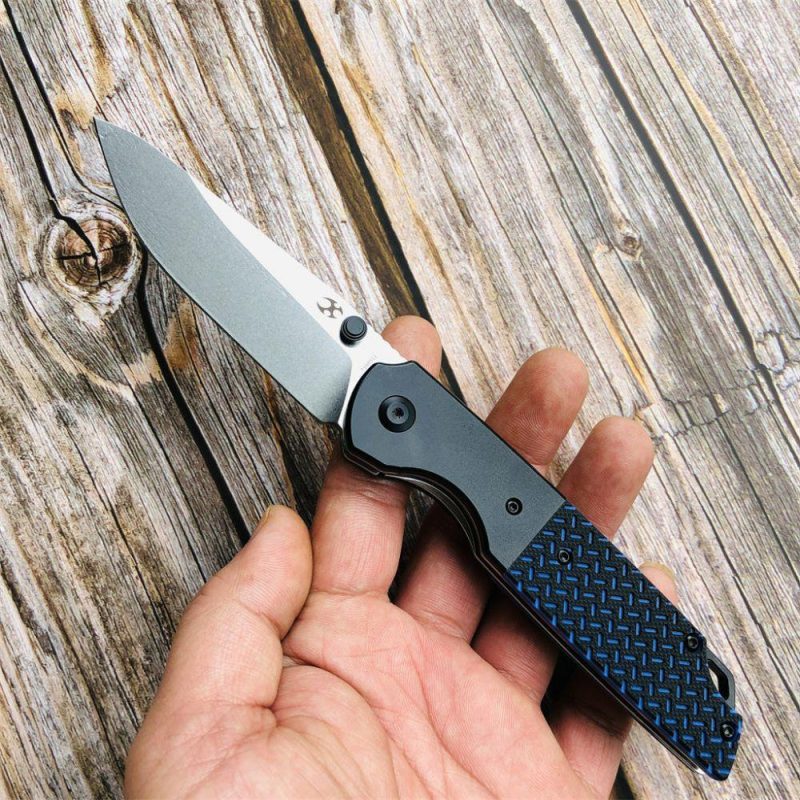 Warrior T1005S1 Stonewashed Drop Point D2 Blade Black Anodized Aluminum Bolster + Black and Blue G10 Handle with Kim Ning Design | Folding Pocket Knives