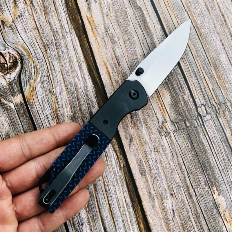 Warrior T1005S1 Stonewashed Drop Point D2 Blade Black Anodized Aluminum Bolster + Black and Blue G10 Handle with Kim Ning Design | Folding Pocket Knives