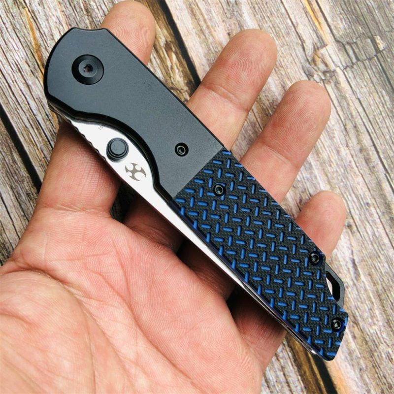 Warrior T1005S1 Stonewashed Drop Point D2 Blade Black Anodized Aluminum Bolster + Black and Blue G10 Handle with Kim Ning Design | Folding Pocket Knives