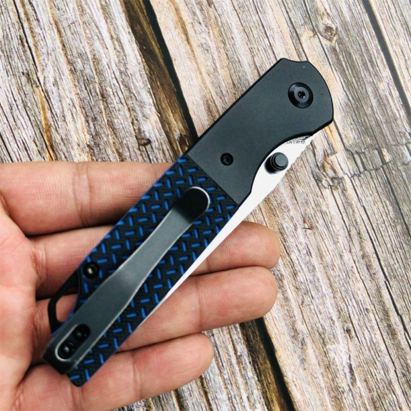 Warrior T1005S1 Stonewashed Drop Point D2 Blade Black Anodized Aluminum Bolster + Black and Blue G10 Handle with Kim Ning Design | Folding Pocket Knives