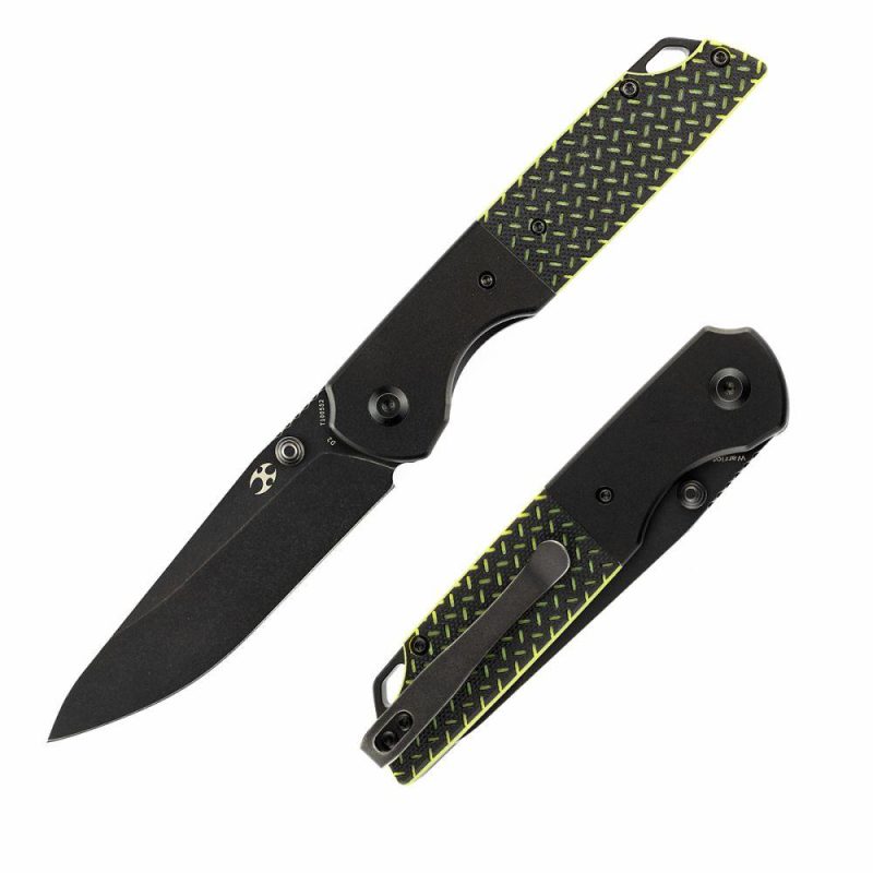 Warrior T1005S2 Black TiCn Coated and Stonewashed Drop Point D2 Blade Black Anodized Aluminum Bolster + Black and Green G10 Handle with Kim Ning Design | Folding Pocket Knives