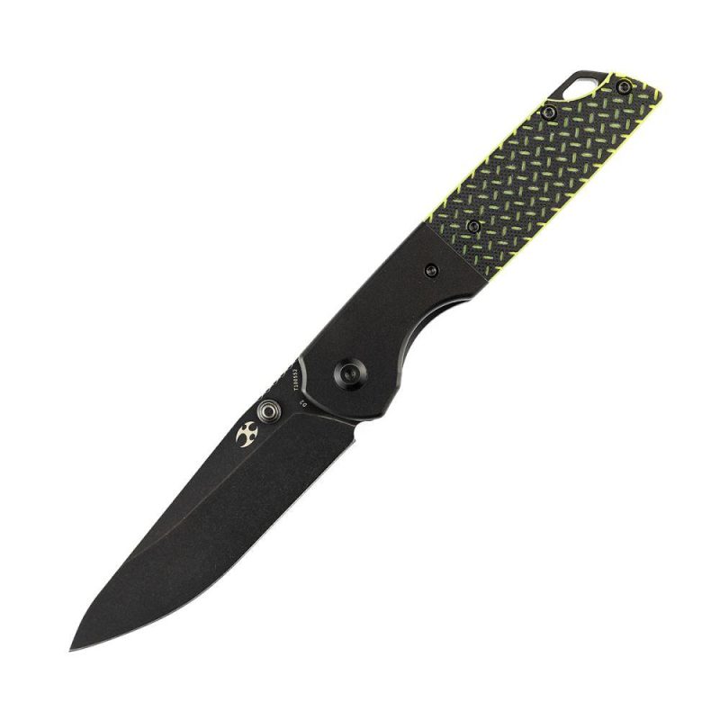 Warrior T1005S2 Black TiCn Coated and Stonewashed Drop Point D2 Blade Black Anodized Aluminum Bolster + Black and Green G10 Handle with Kim Ning Design | Folding Pocket Knives