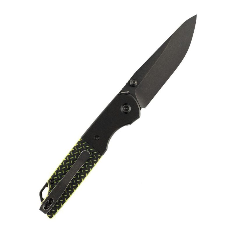 Warrior T1005S2 Black TiCn Coated and Stonewashed Drop Point D2 Blade Black Anodized Aluminum Bolster + Black and Green G10 Handle with Kim Ning Design | Folding Pocket Knives