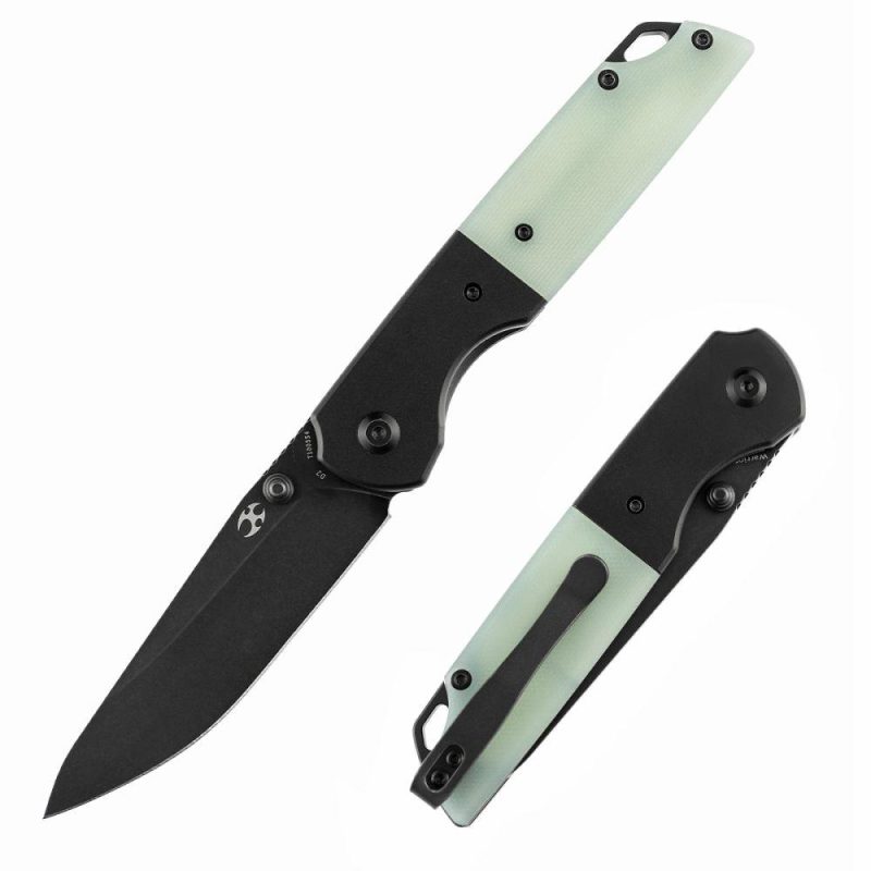 Warrior T1005S4 Black TiCn Coated and Stonewashed Drop Point D2 Blade Black Anodized Aluminum Bolster +Jade G10 Handle with Kim Ning Design | Folding Pocket Knives