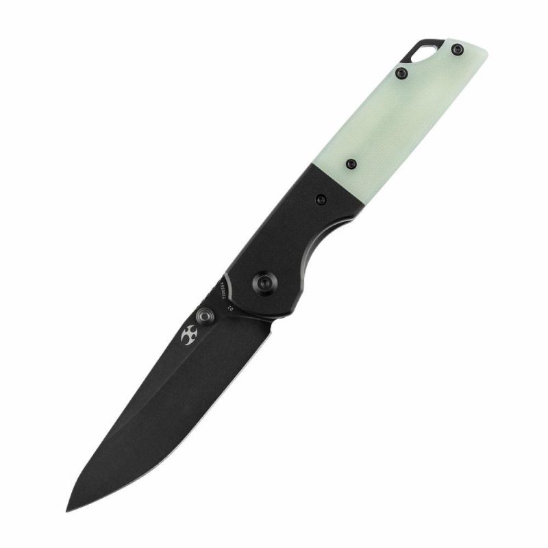 Warrior T1005S4 Black TiCn Coated and Stonewashed Drop Point D2 Blade Black Anodized Aluminum Bolster +Jade G10 Handle with Kim Ning Design | Folding Pocket Knives