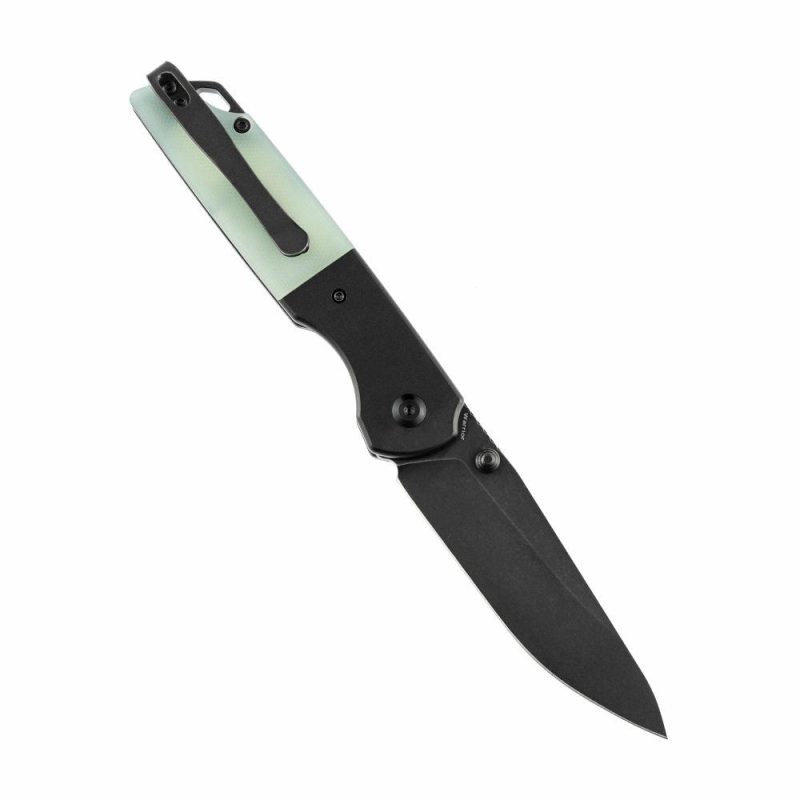 Warrior T1005S4 Black TiCn Coated and Stonewashed Drop Point D2 Blade Black Anodized Aluminum Bolster +Jade G10 Handle with Kim Ning Design | Folding Pocket Knives