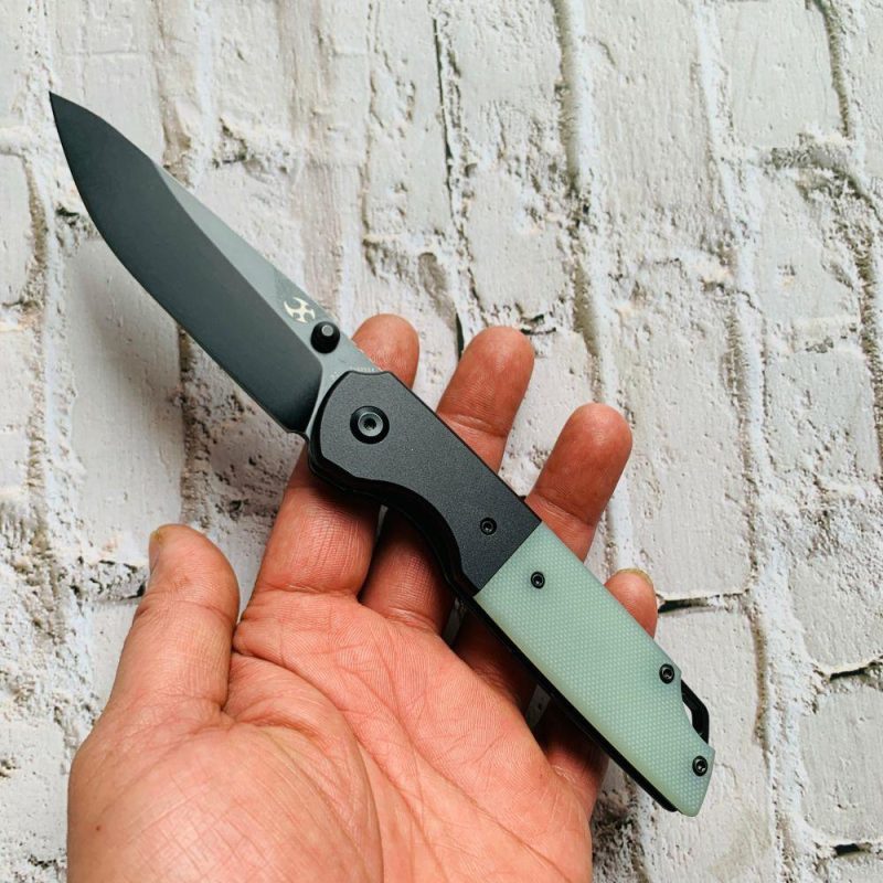 Warrior T1005S4 Black TiCn Coated and Stonewashed Drop Point D2 Blade Black Anodized Aluminum Bolster +Jade G10 Handle with Kim Ning Design | Folding Pocket Knives