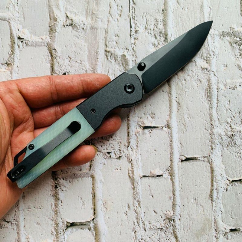 Warrior T1005S4 Black TiCn Coated and Stonewashed Drop Point D2 Blade Black Anodized Aluminum Bolster +Jade G10 Handle with Kim Ning Design | Folding Pocket Knives