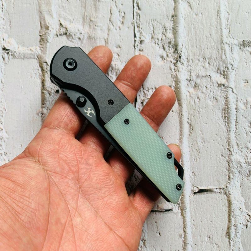 Warrior T1005S4 Black TiCn Coated and Stonewashed Drop Point D2 Blade Black Anodized Aluminum Bolster +Jade G10 Handle with Kim Ning Design | Folding Pocket Knives