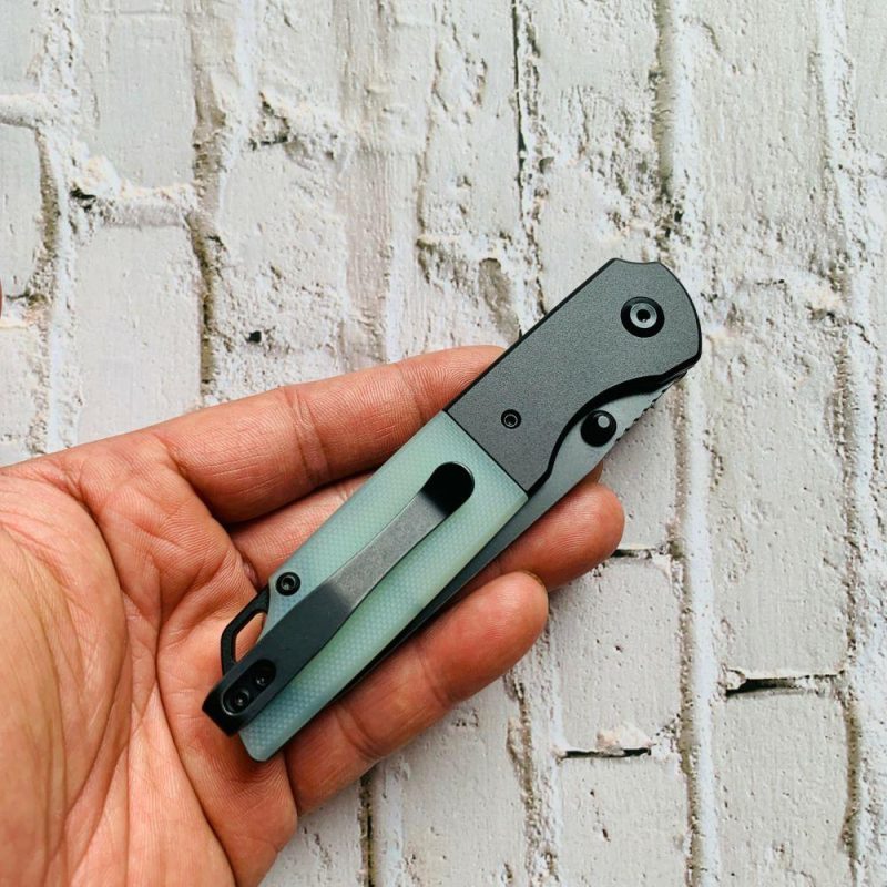 Warrior T1005S4 Black TiCn Coated and Stonewashed Drop Point D2 Blade Black Anodized Aluminum Bolster +Jade G10 Handle with Kim Ning Design | Folding Pocket Knives