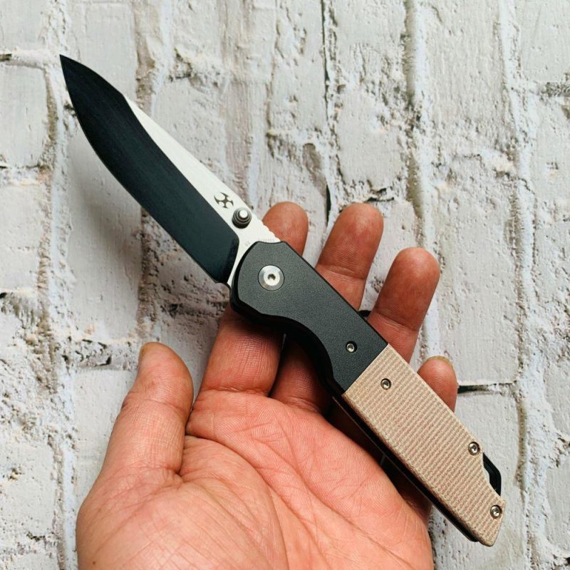 Warrior T1005S5 Black TiCn Coated and Stonewashed Drop Point D2 Blade Black Anodized Aluminum Bolster +Brown Micarta Handle with Kim Ning Design | Folding Pocket Knives