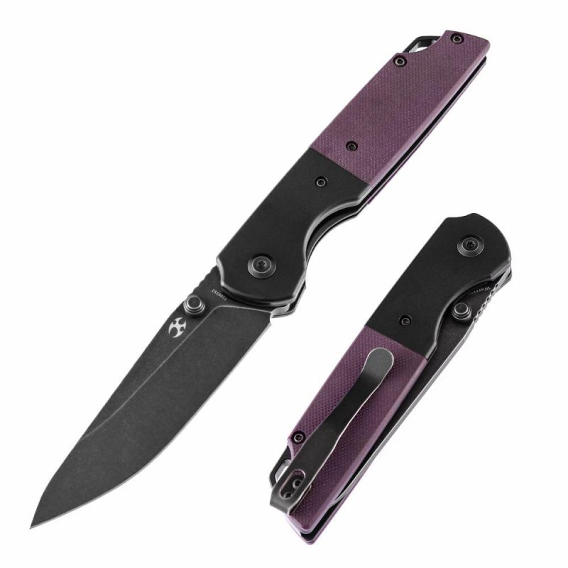 Warrior T1005S6 Black TiCn Coated and Stonewashed Drop Point D2 Blade Black Anodized Aluminum Bolster +Purple G10 Handle with Kim Ning Design | Folding Pocket Knives