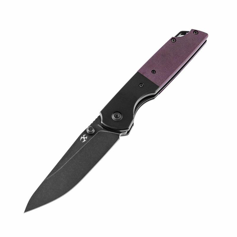 Warrior T1005S6 Black TiCn Coated and Stonewashed Drop Point D2 Blade Black Anodized Aluminum Bolster +Purple G10 Handle with Kim Ning Design | Folding Pocket Knives