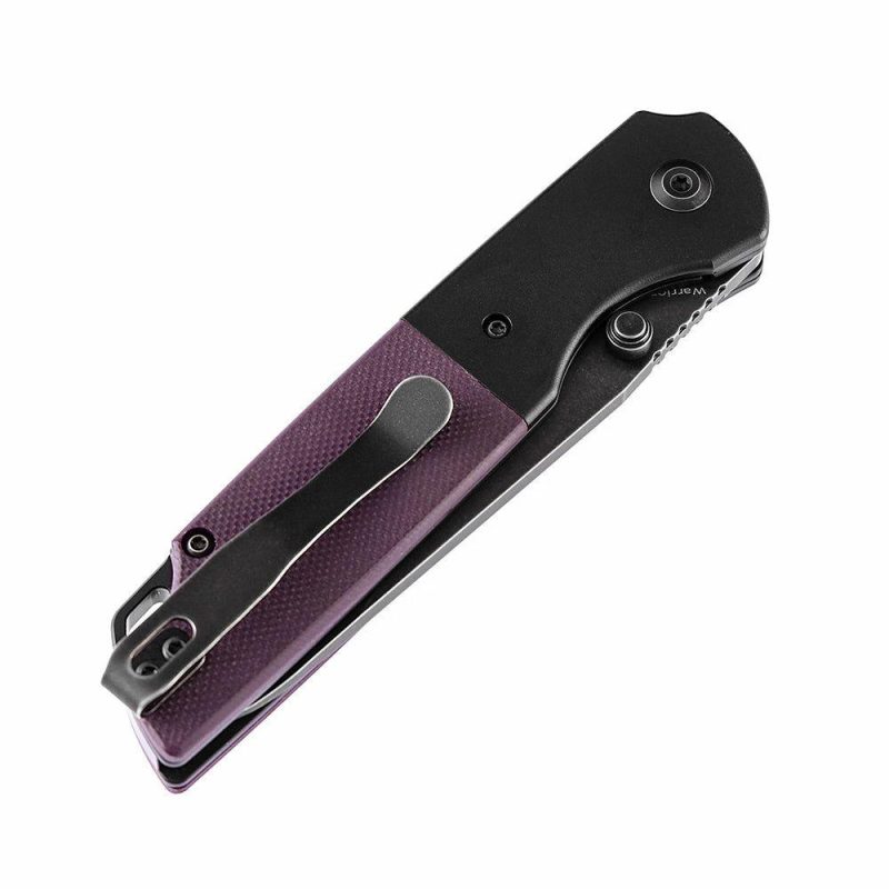 Warrior T1005S6 Black TiCn Coated and Stonewashed Drop Point D2 Blade Black Anodized Aluminum Bolster +Purple G10 Handle with Kim Ning Design | Folding Pocket Knives