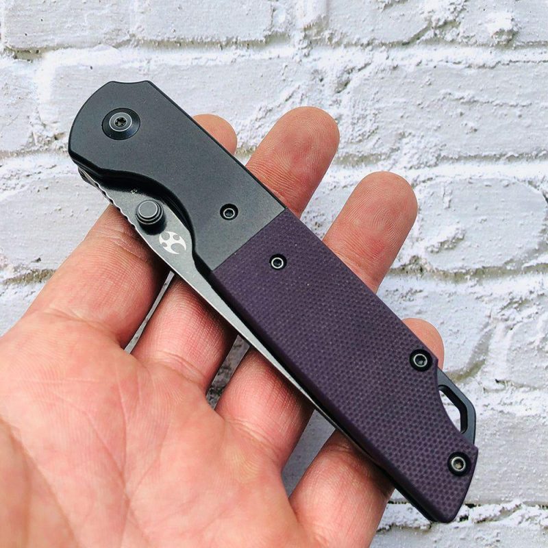 Warrior T1005S6 Black TiCn Coated and Stonewashed Drop Point D2 Blade Black Anodized Aluminum Bolster +Purple G10 Handle with Kim Ning Design | Folding Pocket Knives