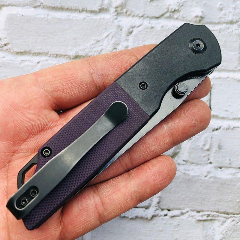 Warrior T1005S6 Black TiCn Coated and Stonewashed Drop Point D2 Blade Black Anodized Aluminum Bolster +Purple G10 Handle with Kim Ning Design | Folding Pocket Knives