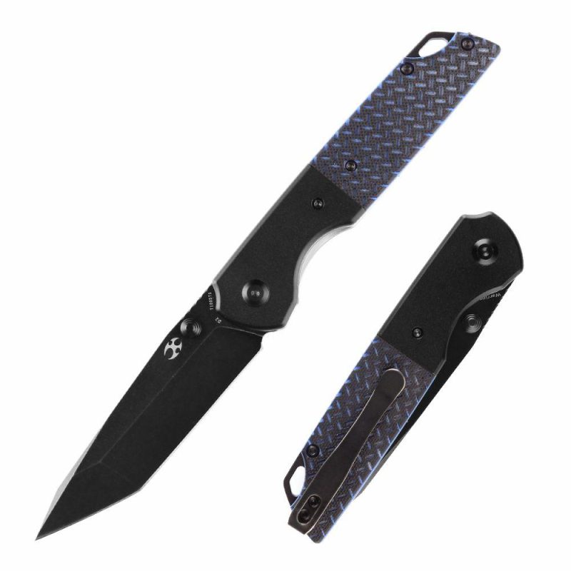 Warrior T1005T1 Black TiCn Coated and Stonewashed Tanto D2 Blade Black Anodized Aluminum Bolster + Black and Blue G10 Handle with Kim Ning Design | Folding Pocket Knives