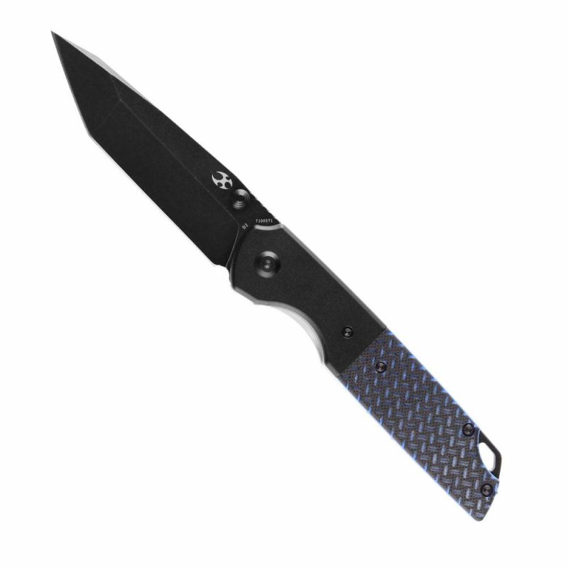 Warrior T1005T1 Black TiCn Coated and Stonewashed Tanto D2 Blade Black Anodized Aluminum Bolster + Black and Blue G10 Handle with Kim Ning Design | Folding Pocket Knives