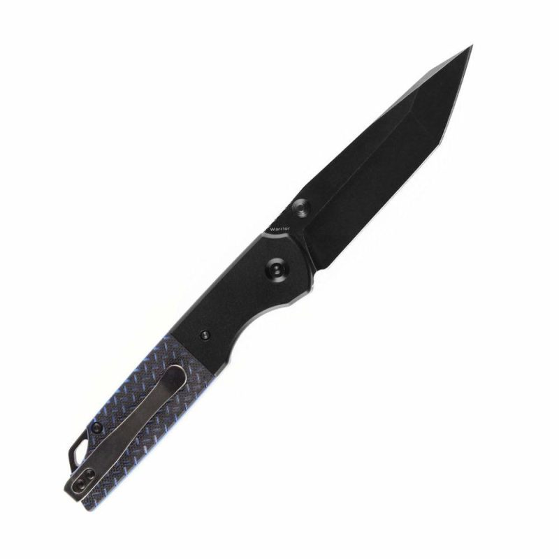 Warrior T1005T1 Black TiCn Coated and Stonewashed Tanto D2 Blade Black Anodized Aluminum Bolster + Black and Blue G10 Handle with Kim Ning Design | Folding Pocket Knives