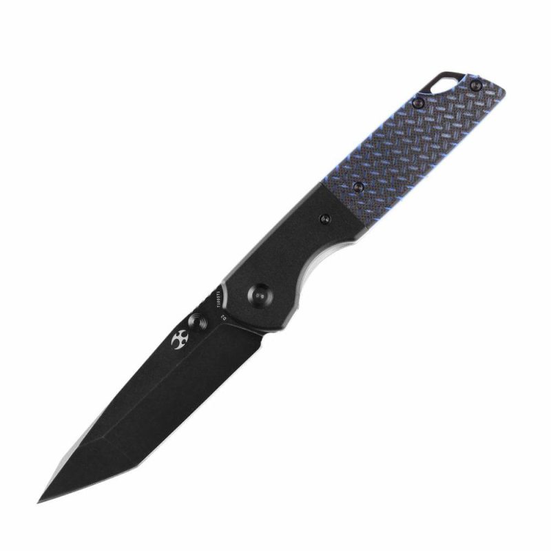 Warrior T1005T1 Black TiCn Coated and Stonewashed Tanto D2 Blade Black Anodized Aluminum Bolster + Black and Blue G10 Handle with Kim Ning Design | Folding Pocket Knives