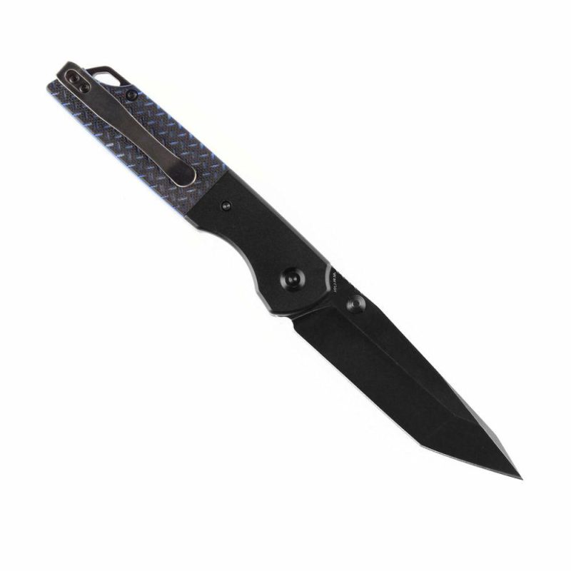 Warrior T1005T1 Black TiCn Coated and Stonewashed Tanto D2 Blade Black Anodized Aluminum Bolster + Black and Blue G10 Handle with Kim Ning Design | Folding Pocket Knives