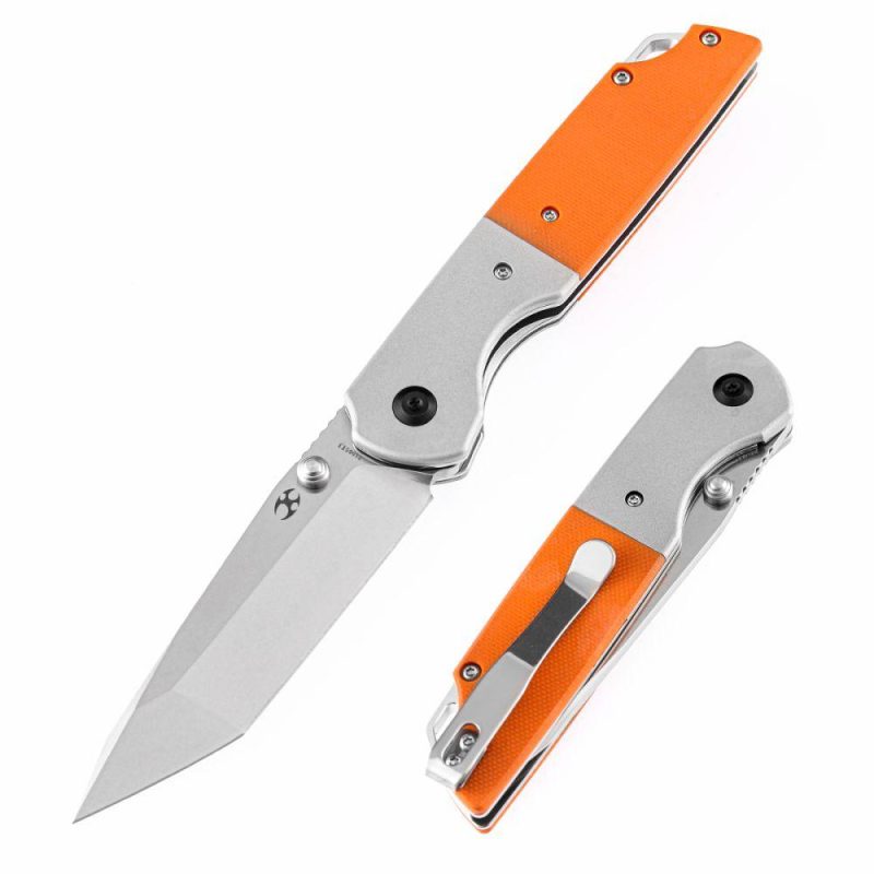 Warrior T1005T3 Stonewashed Tanto D2 Blade Plian Aluminum + Orange G10 Handle with Kim Ning Design | Folding Pocket Knives