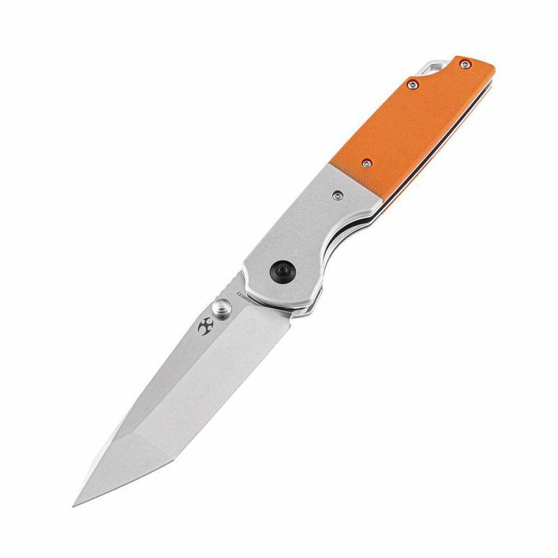 Warrior T1005T3 Stonewashed Tanto D2 Blade Plian Aluminum + Orange G10 Handle with Kim Ning Design | Folding Pocket Knives