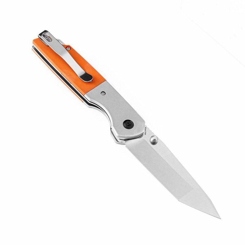 Warrior T1005T3 Stonewashed Tanto D2 Blade Plian Aluminum + Orange G10 Handle with Kim Ning Design | Folding Pocket Knives