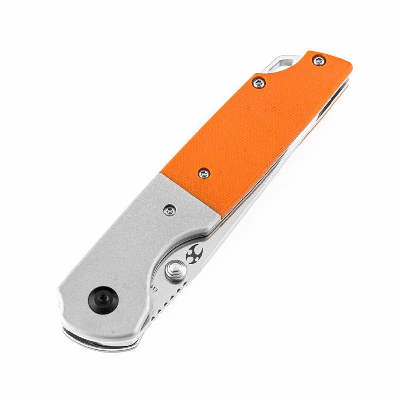 Warrior T1005T3 Stonewashed Tanto D2 Blade Plian Aluminum + Orange G10 Handle with Kim Ning Design | Folding Pocket Knives