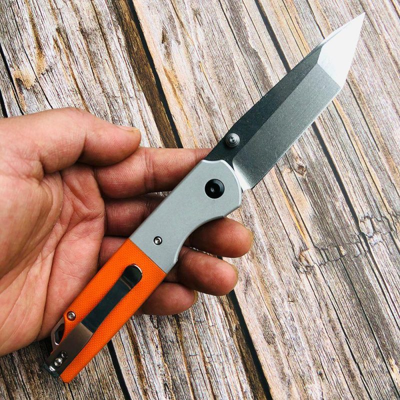 Warrior T1005T3 Stonewashed Tanto D2 Blade Plian Aluminum + Orange G10 Handle with Kim Ning Design | Folding Pocket Knives