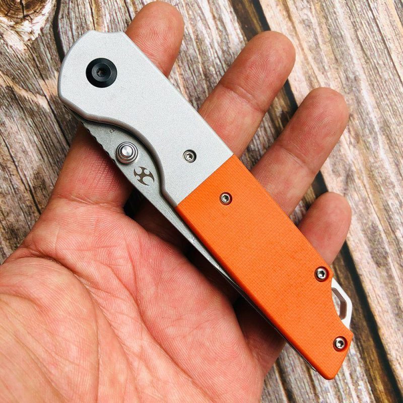 Warrior T1005T3 Stonewashed Tanto D2 Blade Plian Aluminum + Orange G10 Handle with Kim Ning Design | Folding Pocket Knives