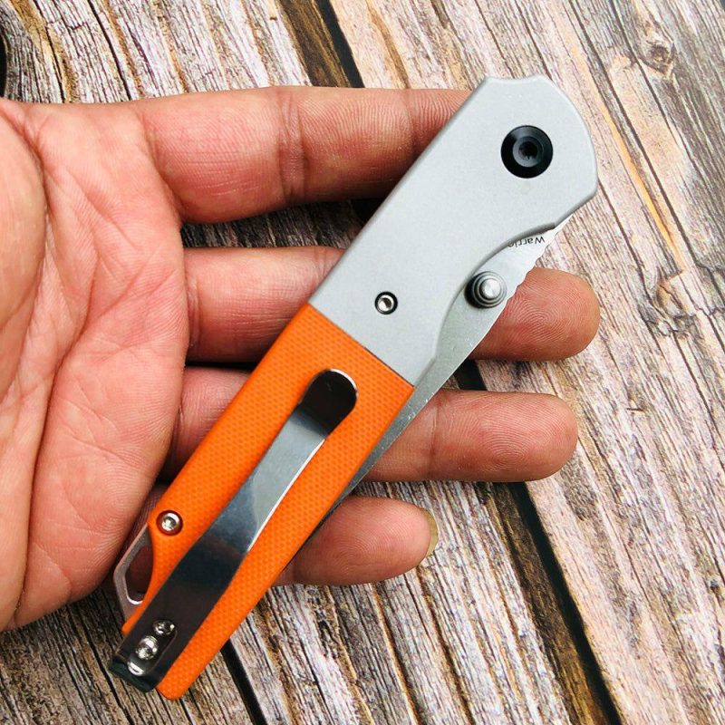 Warrior T1005T3 Stonewashed Tanto D2 Blade Plian Aluminum + Orange G10 Handle with Kim Ning Design | Folding Pocket Knives