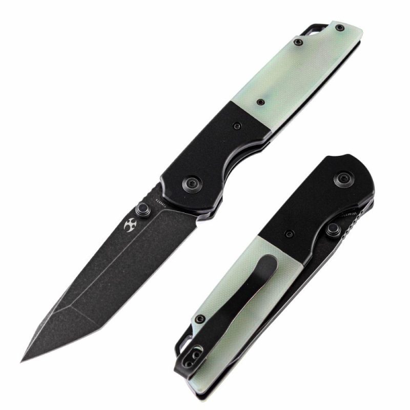 Warrior T1005T4 Black TiCn Coated and Stonewashed Tanto D2 Blade Black Anodized Aluminum Bolster +Jade G10 Handle with Kim Ning Design | Folding Pocket Knives