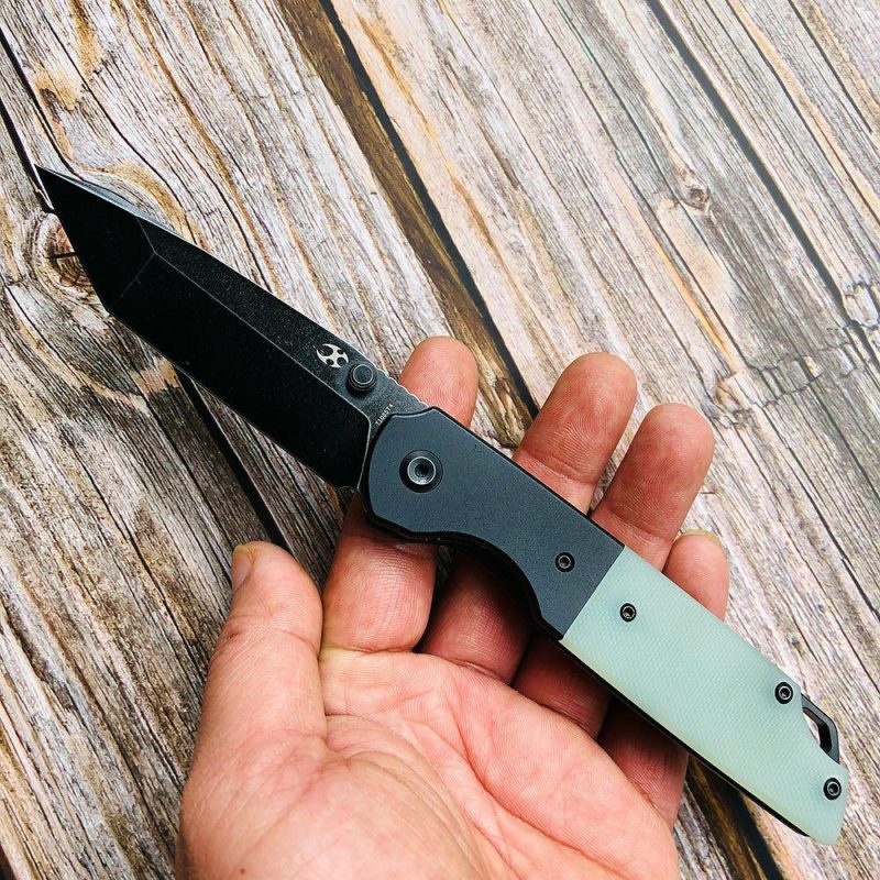 Warrior T1005T4 Black TiCn Coated and Stonewashed Tanto D2 Blade Black Anodized Aluminum Bolster +Jade G10 Handle with Kim Ning Design | Folding Pocket Knives