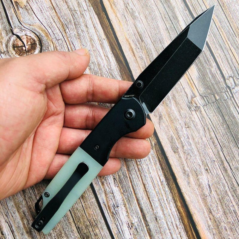 Warrior T1005T4 Black TiCn Coated and Stonewashed Tanto D2 Blade Black Anodized Aluminum Bolster +Jade G10 Handle with Kim Ning Design | Folding Pocket Knives