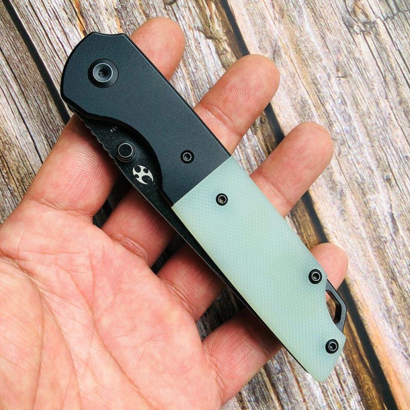 Warrior T1005T4 Black TiCn Coated and Stonewashed Tanto D2 Blade Black Anodized Aluminum Bolster +Jade G10 Handle with Kim Ning Design | Folding Pocket Knives