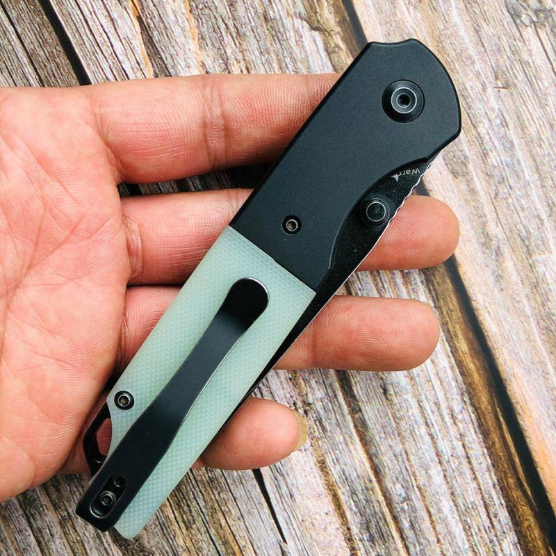 Warrior T1005T4 Black TiCn Coated and Stonewashed Tanto D2 Blade Black Anodized Aluminum Bolster +Jade G10 Handle with Kim Ning Design | Folding Pocket Knives