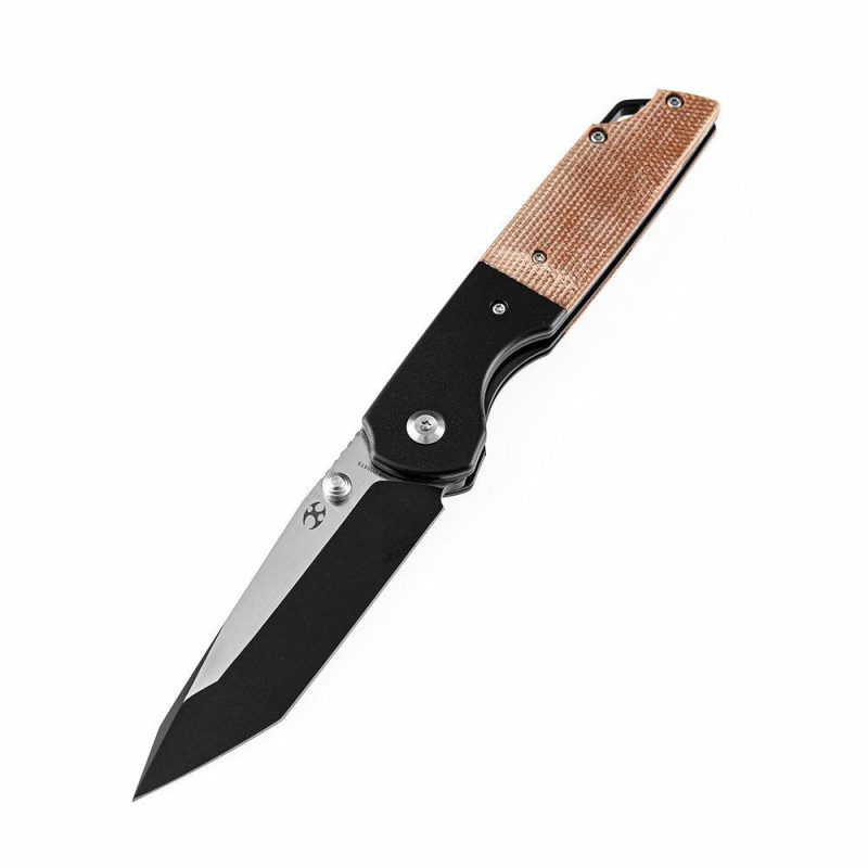 Warrior T1005T5 Black TiCn Coated Machine Rubbed Tanto D2 Blade Black Anodized Aluminum Bolster +Brown Micarta Handle with Kim Ning Design | Folding Pocket Knives