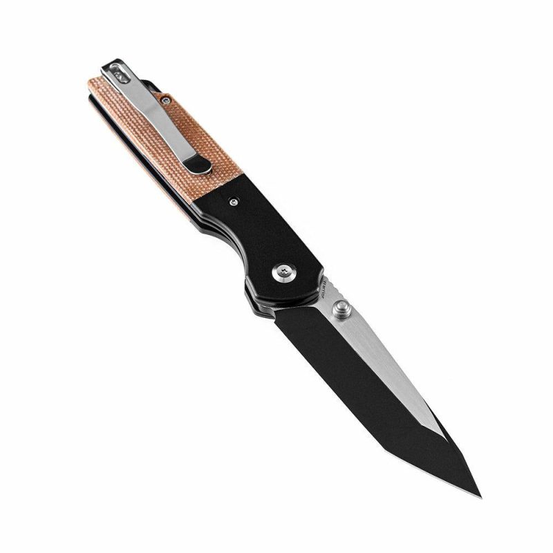 Warrior T1005T5 Black TiCn Coated Machine Rubbed Tanto D2 Blade Black Anodized Aluminum Bolster +Brown Micarta Handle with Kim Ning Design | Folding Pocket Knives