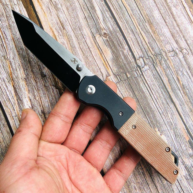 Warrior T1005T5 Black TiCn Coated Machine Rubbed Tanto D2 Blade Black Anodized Aluminum Bolster +Brown Micarta Handle with Kim Ning Design | Folding Pocket Knives